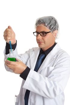 Scientist in the laboratory using a pipette to add a laboratory reagent or sample to a round flask of solution.