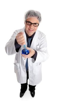 Research scientist or chemist holding a flask of solution and pipette sample for analysis.