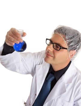 Scientist or chemist analyzing a solution.