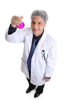 Chemist, cliniciaan, perfumer, naturapath  or other science or laboratory worker holding a mixed  solution in a round flask.  He is standing on a white background and showing a confident successful smile