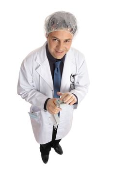 Male Scientist, medical researcher or laboratory worker holding  a multi channel pipettor