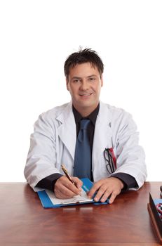 Doctor or surgeon sitting at his desk with writing pen and form.