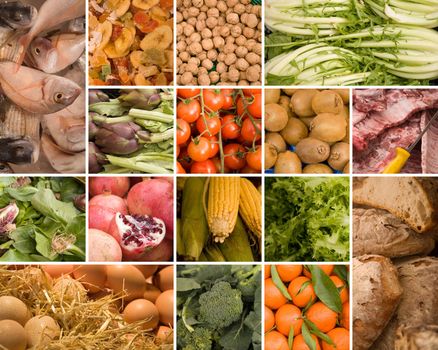 Collection of bread, vegetables, fishes, meat, nuts, eggs and fruits on market stalls.