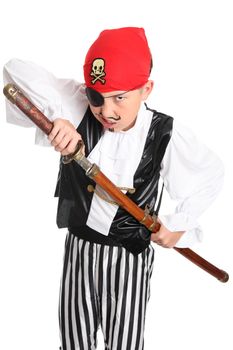 Snarling pirate pulling a sword from its scabbard