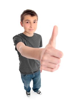 A pre teen boy with hand outstretched showing a thumbs up hand sign