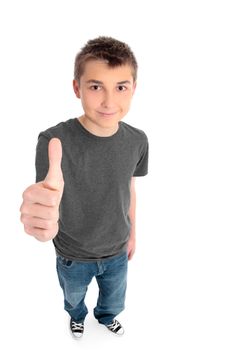 A pre teen boy with hand thumbs up sign. eg approval success, great.  
On a white background, shadow left under feet.