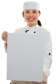 Chef with sign, message, or menu board