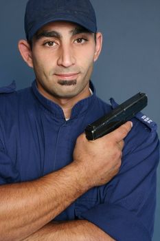 Security officer wearing a blue uniform.