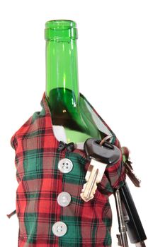 bottle dressed in jacket warmer with keys and alcohol on white background depicting drunk driving and addictions can kill