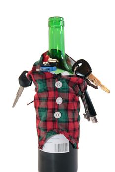 bottle dressed in jacket warmer with keys and alcohol on white background depicting drunk driving and addictions can kill