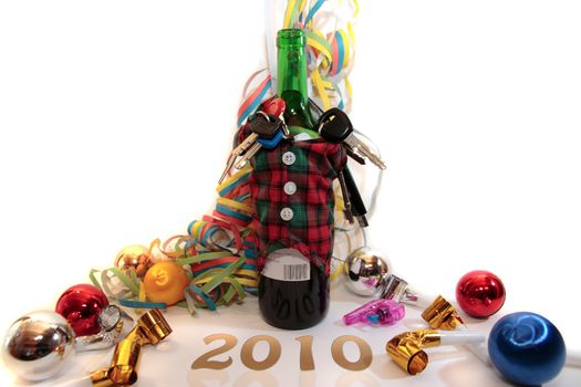 bottle dressed in jacket warmer with keys as arms on white background depicting drunk driving