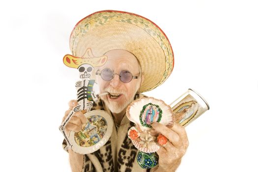 Senior man with cigarette selling kitsch tourist souveniers