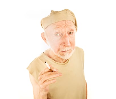 Senior Man with Ragged Shirt and Lit Cigarette