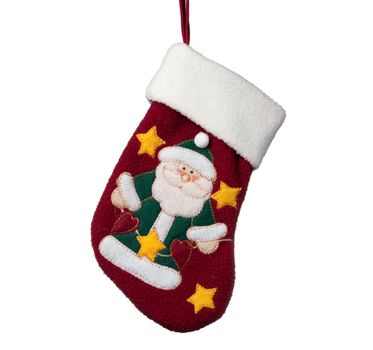 Close up of child's christmas stocking isolated against a white background