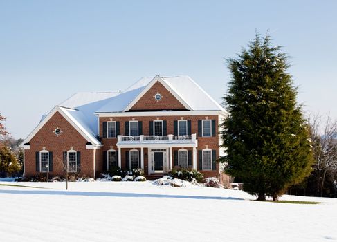 Modern home in a snowy setting with a conifer in the foreground