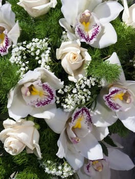 Detail of a bridal wedding bouquet in vibrant colours