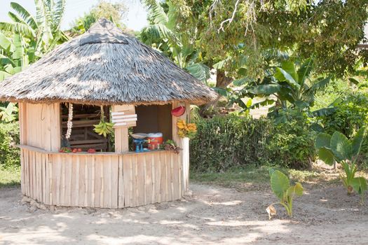 A kiosk selling tropical fruit and vegetables  in the shoulder of a road in Cuba, surrounded by tropical vegetation.