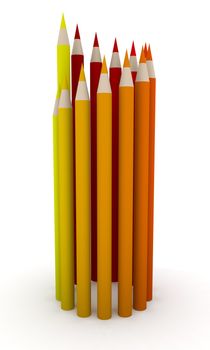 Red Crayons standing in a Circle. Symbolic for the red Color spectrum. 3D rendered Illustration.
