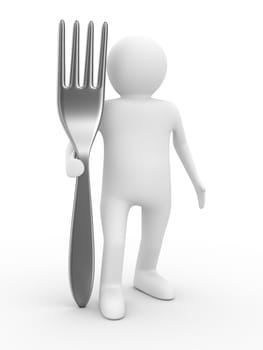 man with fork on white background. Isolated 3D image