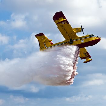 LUQA, MALTA - SEP 26 - Canadair CL-415 or Bombardier 415 or Super Scooper dropping water during the Malta International Airshow 26th September 2009