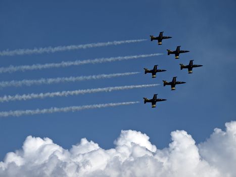 LUQA, MALTA - SEP 26 - Breitling Jet Team Aero L-39 Albatros jets during the Malta International Airshow 26th September 2009