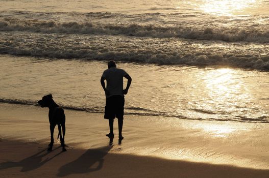 An adult man talking his dog for a awalk along the beach