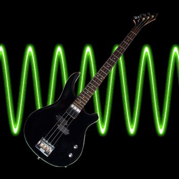 Electric bass over a black background with sound waves