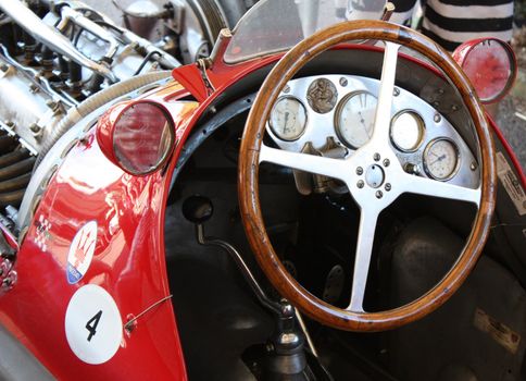 Historic racecar dashboard and steering wheel