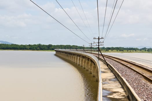 Railroad tracks curving  across the lake