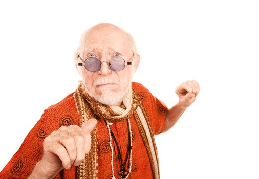 Senior Man in Glasses on White Background Throwing a Punch