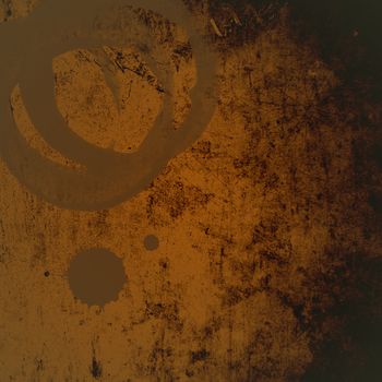 Grunge brown dirty looking background with two coffee ring stains and copy space