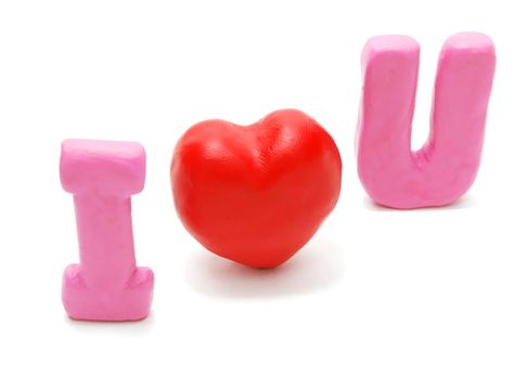 Valentine's Diagonal I Love You Text with Hearts Made of Red and Pink Plasticine Isolated on White Background