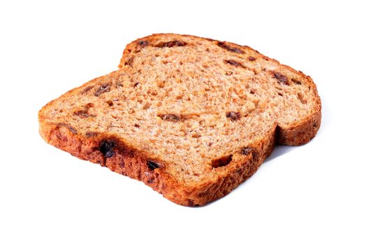 Slice of the cut off bread with raisin on a white background.