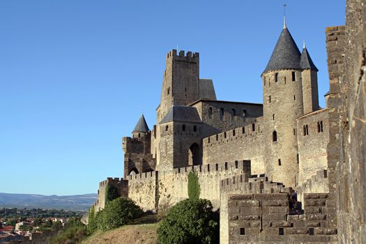 View at Carcassonne castle and surroundings in a sunny summer day with a clear blue sky