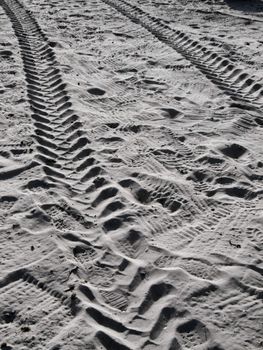 Tyre tracks imprinted in the Sahara desert sands