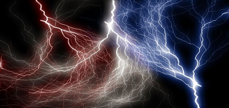 Bolt of electrical charges in USA colors over black background