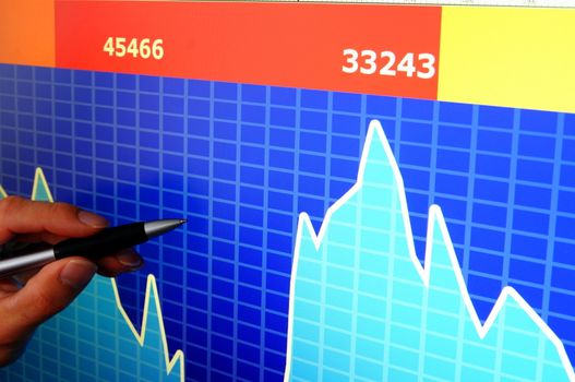 financial stock market concept with hand and computer lcd display