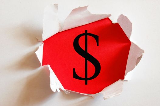money hole in paper and red background