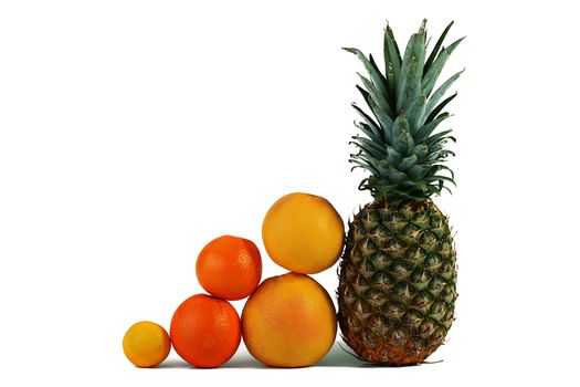 The pineapple, two grapefruits, two oranges and lemon on a white background.