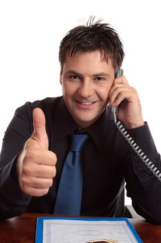 Businessman with thumbs up gesture - secured the deal, approval, job satisfaction, etc