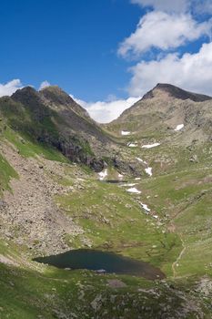 summer view of Lusia lakes, in val di Fassa, Italian dolomites. Photo taken with polarized filter