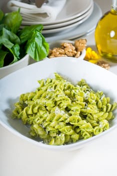 italian fusilli pasta and fresh homemade  pesto sauce