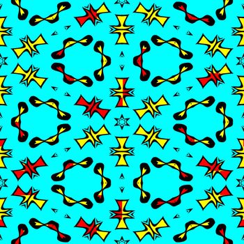 seamless casual abstract texture of yellow, red and black fantasy shapes on turquoise blue
