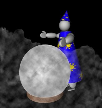 3D puppet Wizard with blue dress reads future on a big crystal ball, surrounded by smoke, over black background
