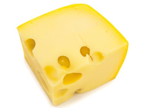 close up photo of the tasty yellow piece of cheese against the white background