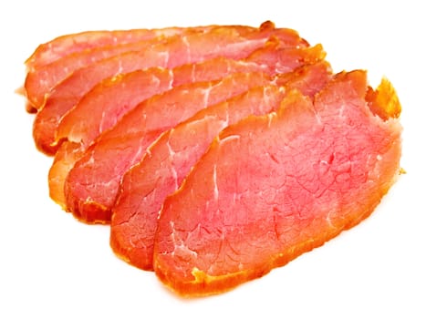 photo of the red tasty smoked meat pices against the white background 