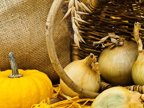 Photo of still life with pumpkin, basket, onion and nuts   