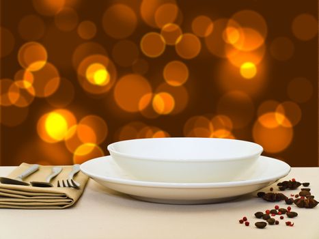 festive table serving with dishware and golden lights