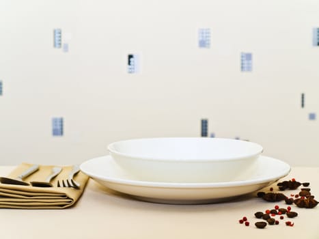 table serving with dishware and golden lights
