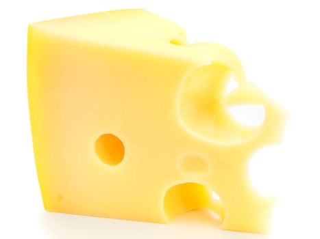 Single  tasty yellow piece of cheese against the white background 